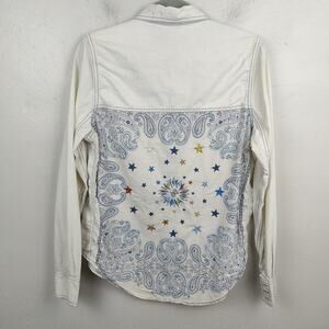 Free People Bandana Bandit Button‎ Down Shirt Womens Small White Blue Stars Hemp